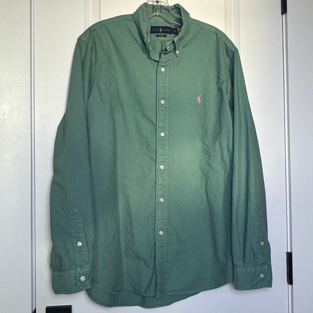 Ralph Lauren Mens Classic Fit Green Oxford Shirt Pink Pony Logo Large - Picture 2 of 8